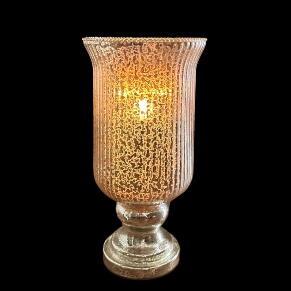Valerie Parr Crackled Gold Ribbed Glass Footed Hurricane Candle Holder - Picture 3 of 10